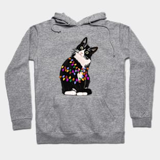 Christmas cat tangled lights tree down tuxedo unfazed Hoodie